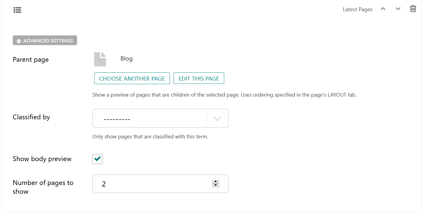 The Latest Pages block and its settings.