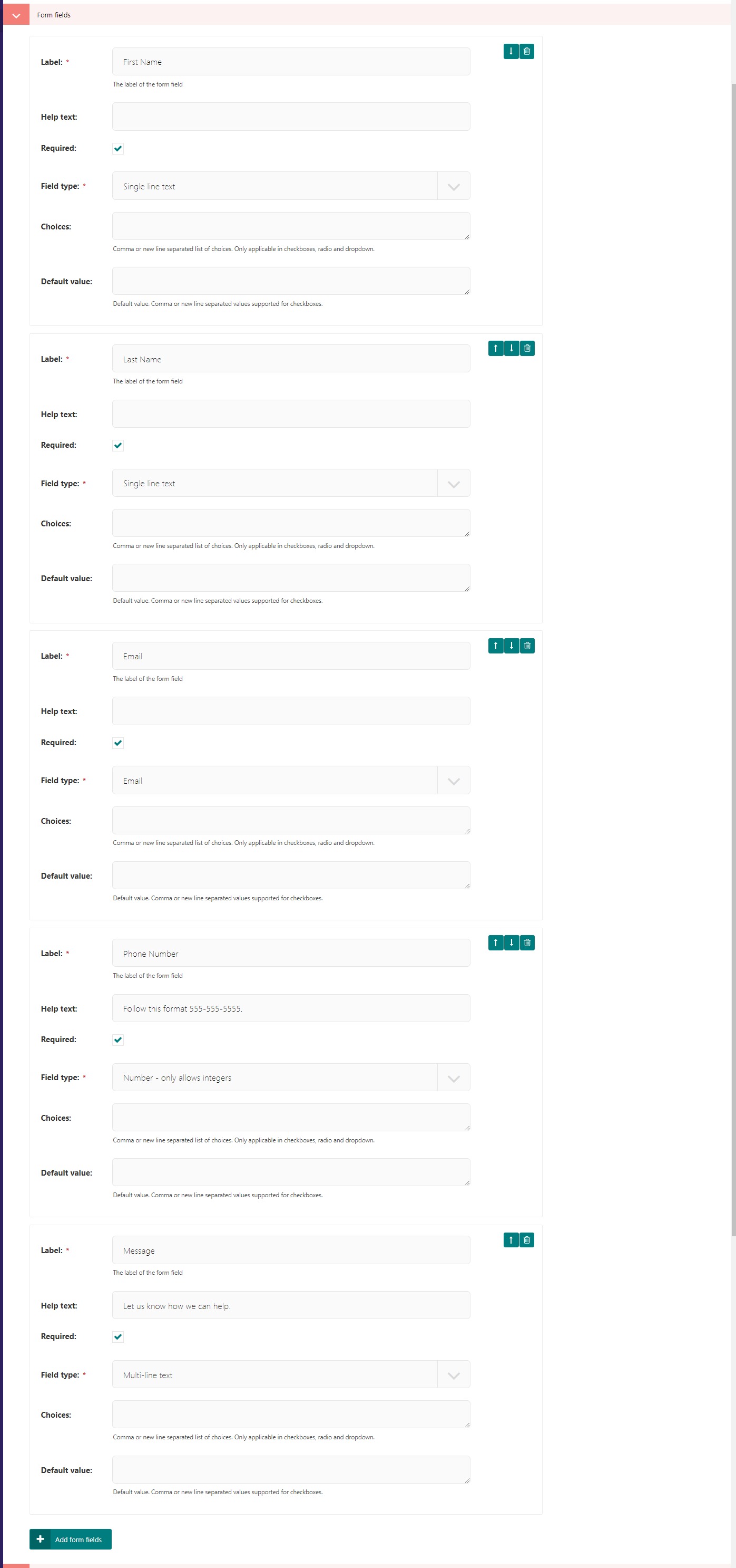 The form fields on the contact us page