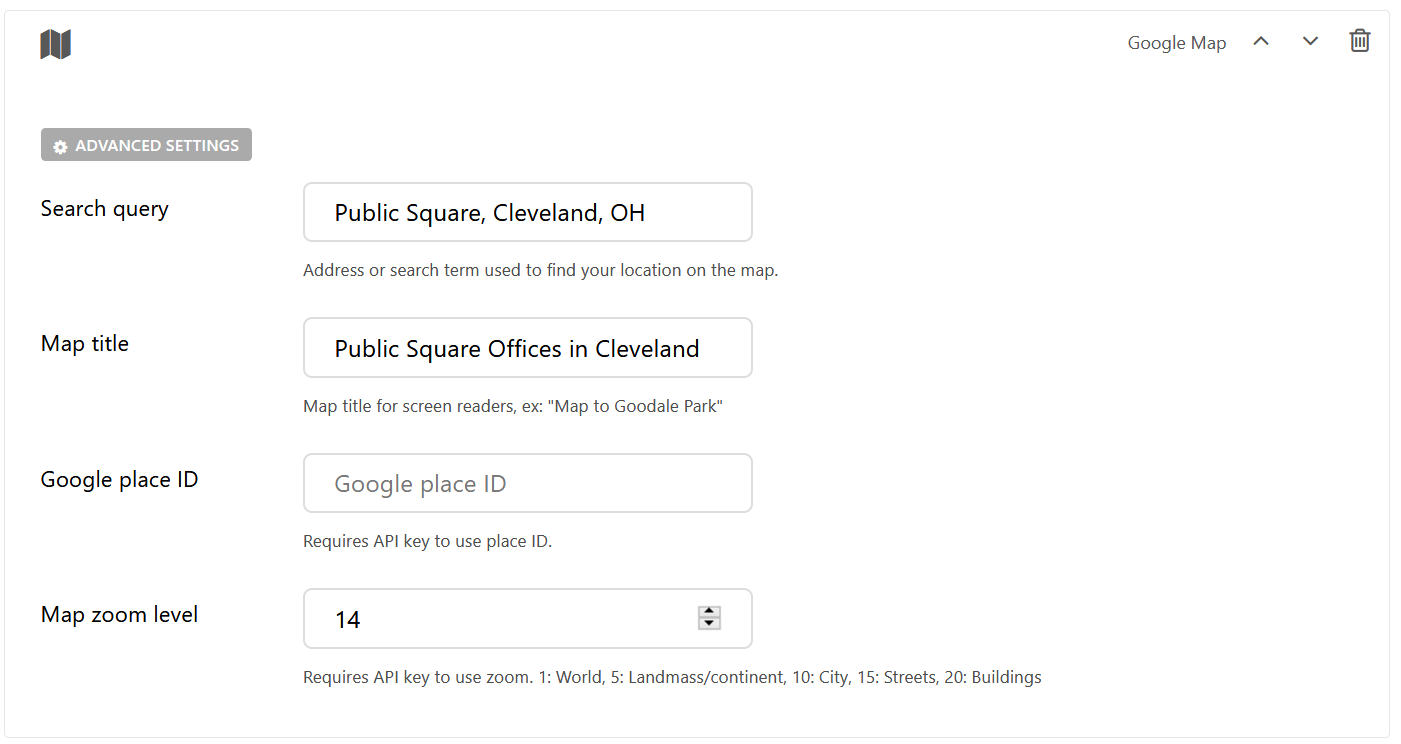 Our Google Map settings for Public Square, Cleveland, OH