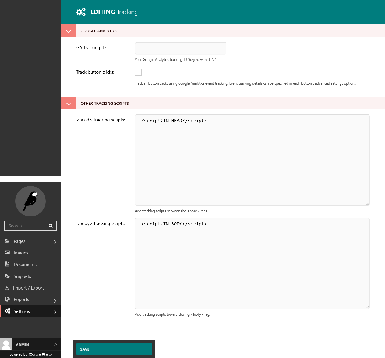 The TRACKING dashboard.