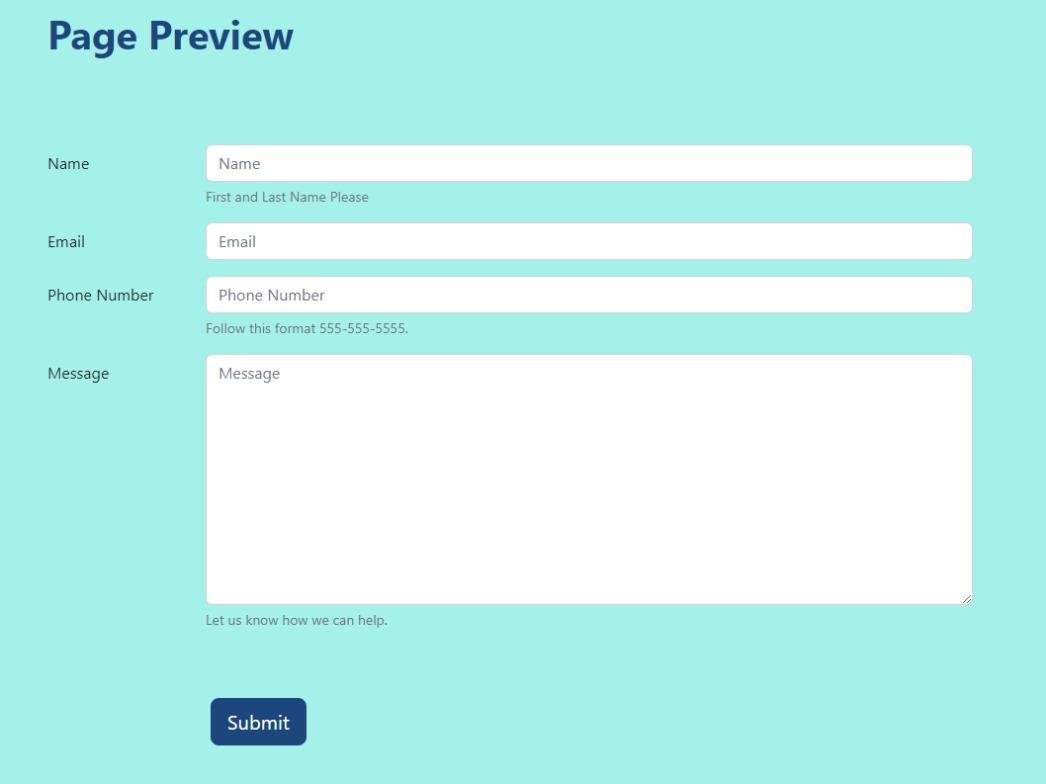 A Page Preview block using the form inputs template