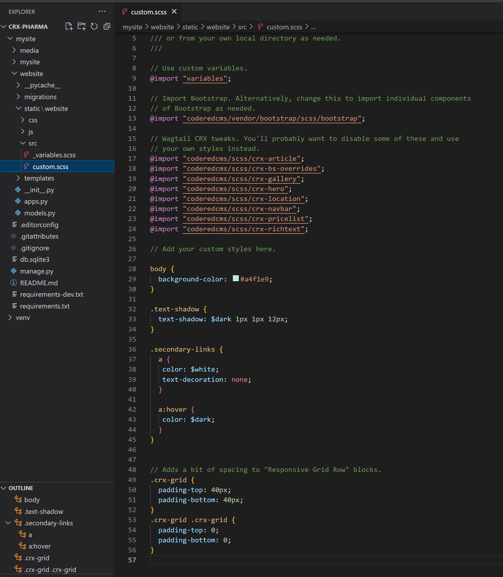 custom.scss file with secondary link class added